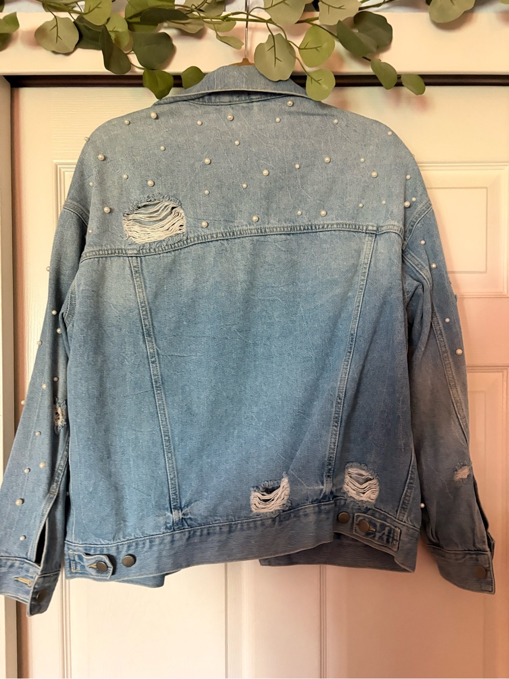 Free People Light Blue Pearl-Embellished Distressed Denim Jacket - Picture 4 of 4